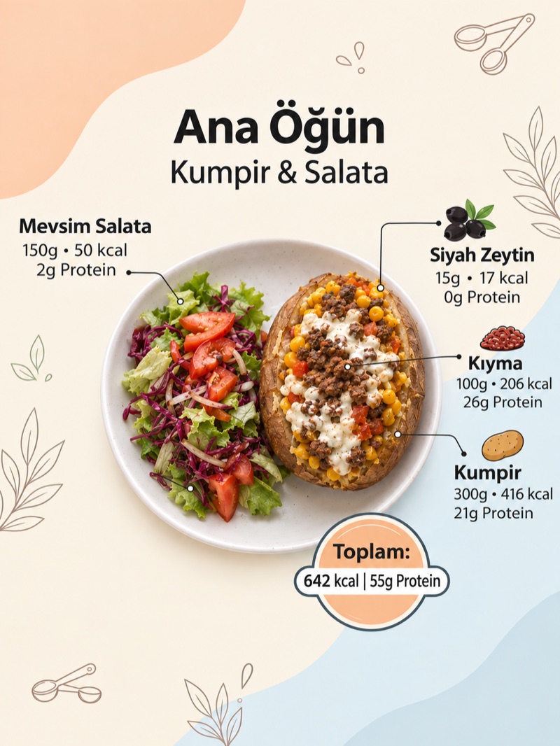 Ana öğün örneği: kumpir ve mevsim salata, kalori ve protein değerleriyle