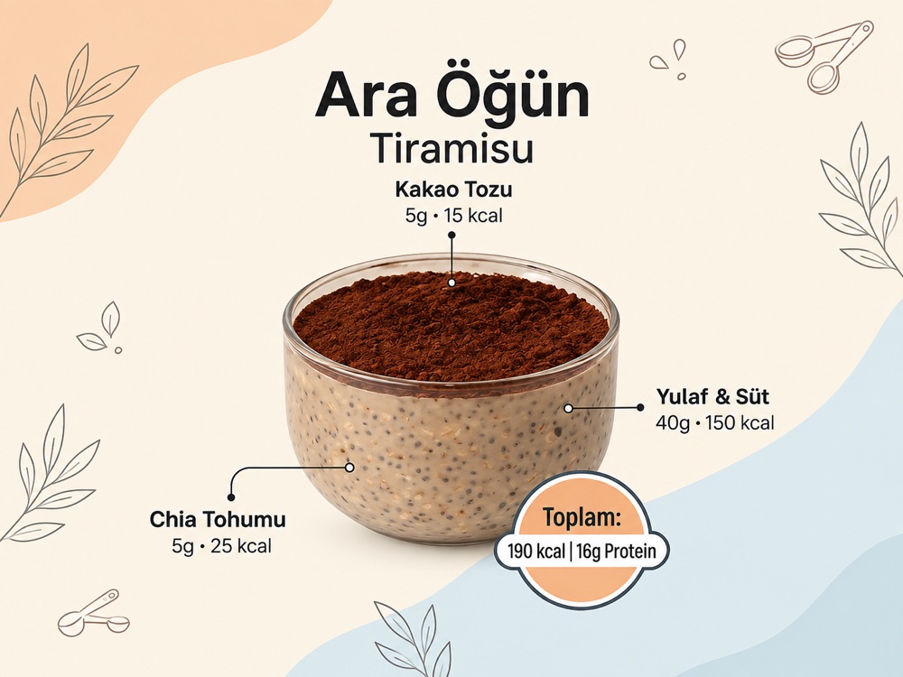 Ara öğün örneği: yulaf, chia tohumu ve kakaolu tiramisu kasesi, kalori ve protein değerleriyle